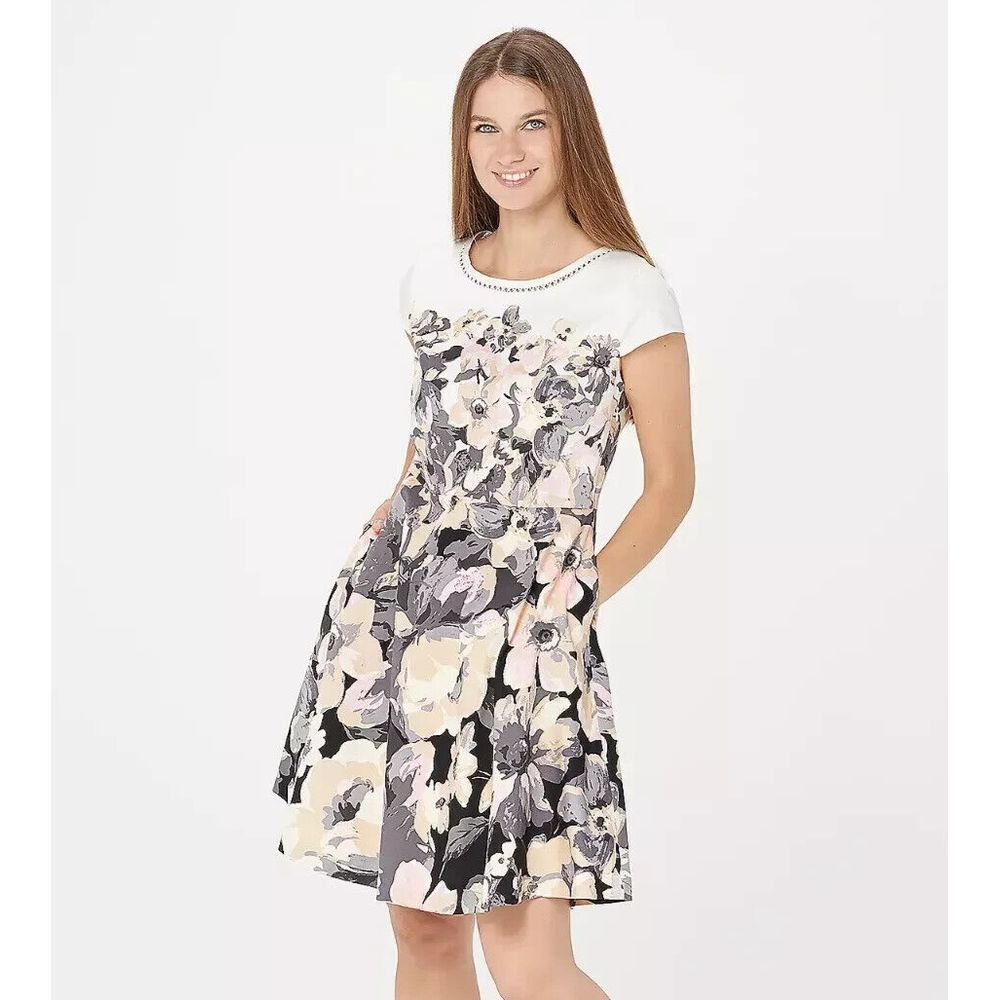 Isaac‎ Mizrahi Live Size 8 Grey Pink Floral Fit and Flare Dress Pockets Lined